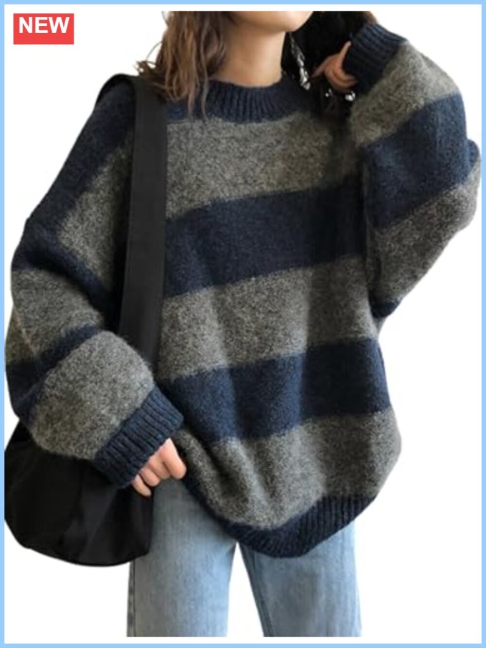 Oversized Striped Knit Sweater Crewneck Pullover Long Sleeve Casual Top